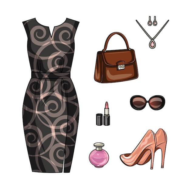 Color ilustración realista de un atuendo femenino para una cita romántica. Conjunto de ropa elegante de mujer y accesorios aislados