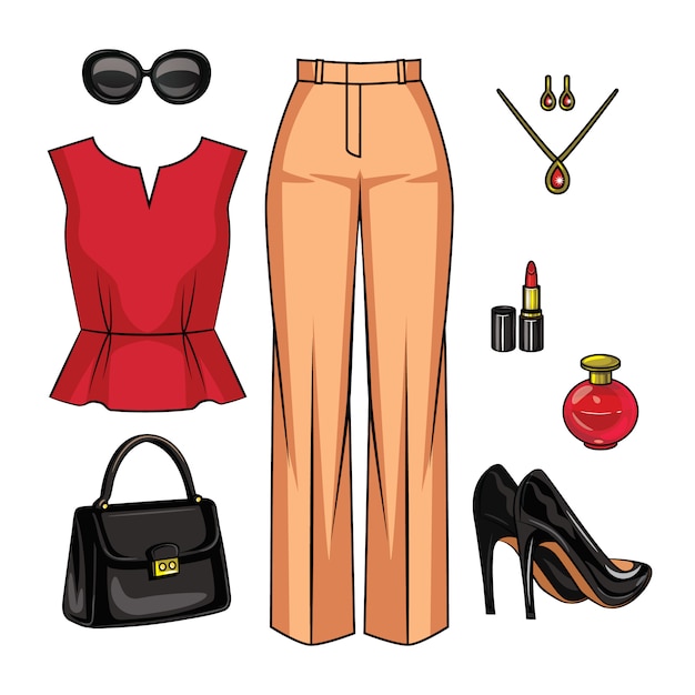 Color ilustración realista de un atuendo femenino. Conjunto de ropa de mujer de moda y accesorios aislados