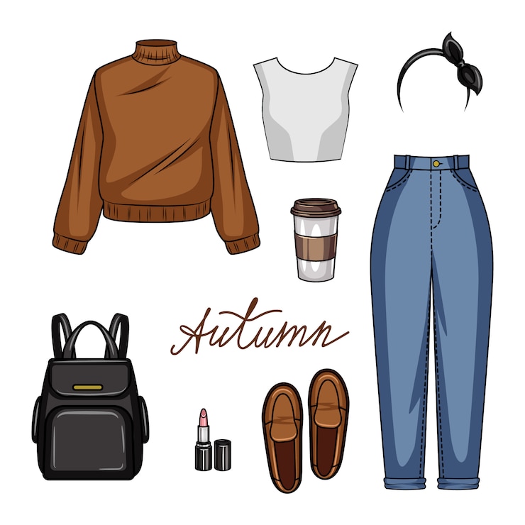 Vector color ilustración realista de ropa de mujer para la escuela. conjunto de estilo juvenil de ropa de mujer y accesorios aislados