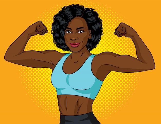 Color ilustración vectorial de un estilo pop art de una atleta femenina demostrando sus músculos. Chica afroamericana mostrando buena forma.