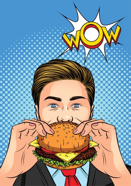 Color ilustración vectorial de un estilo pop art. el hombre comiendo una hamburguesa. un hombre con una hamburguesa con queso en la mano.