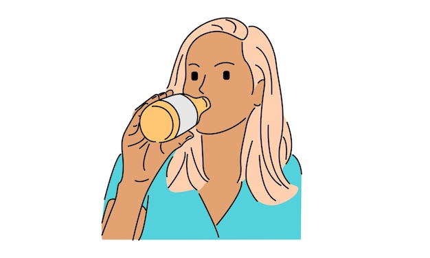 El color de la línea de la mujer bebiendo agua de una botella
