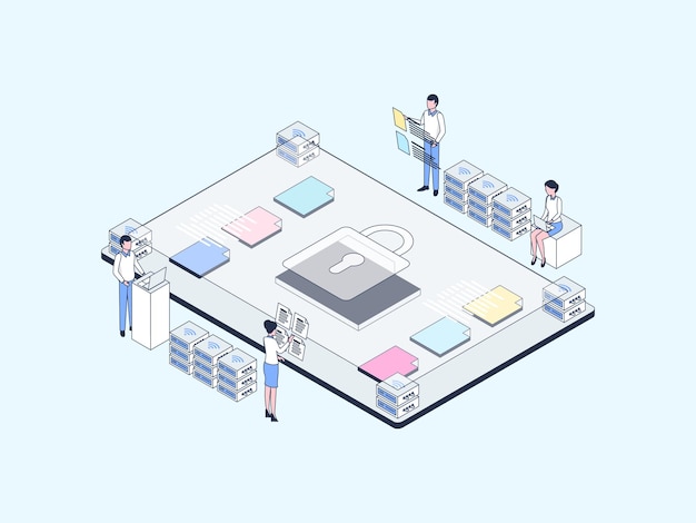 Color lineal de ilustración isométrica de seguridad empresarial. adecuado para aplicaciones móviles, sitios web, pancartas, diagramas, infografías y otros recursos gráficos.