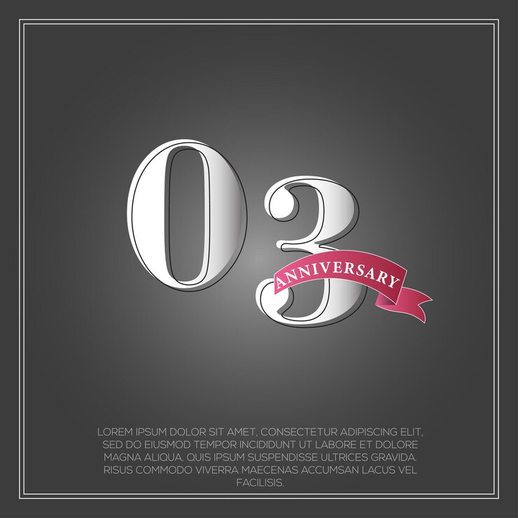 Vector color de logotipo de celebración de aniversario de 03 años con gris brillante, con cinta y diseño aislado