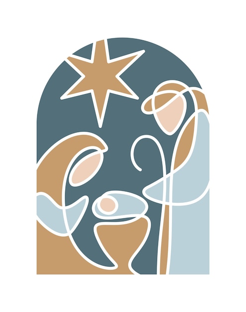 Color Navidad Icono vectorial cristiano bebé Jesús con María y José con estrella Nacimiento religioso