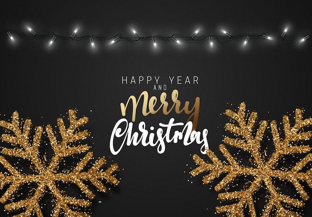 Color negro de fondo navideño con guirnaldas realistas y hermosos copos de nieve. Vacaciones de Navidad. Feliz navidad. y feliz Año Nuevo