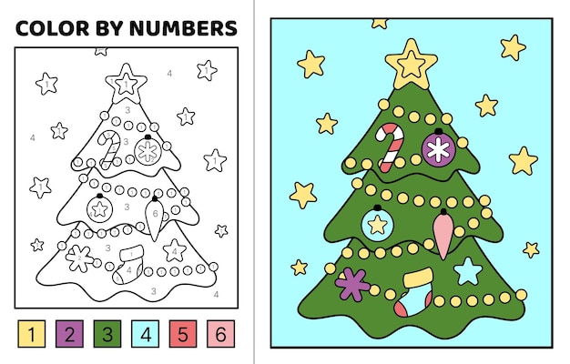 Color por número Árbol de Navidad Página para colorear Juego para niños Vector de dibujos animados