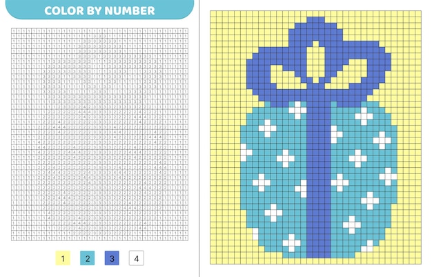 Color por número Caja de regalo azul Libro de colorear de píxeles Cuadrados numerados Juego para niños