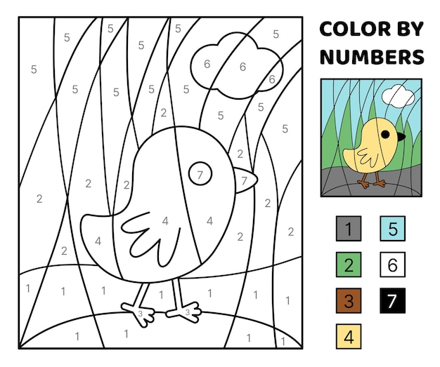 Color por número chick en una página de colorear caminando juego para niños vector de dibujos animados