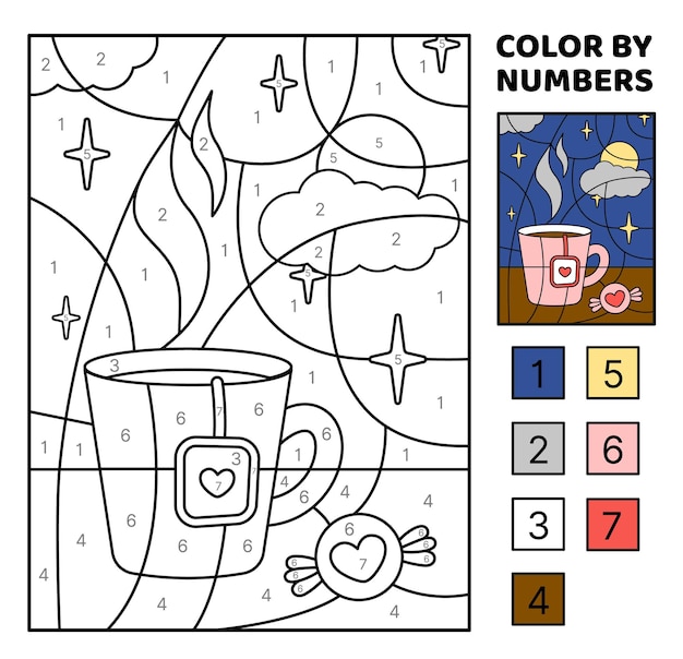 Color por número Copa contra el fondo del cielo estrellado Página para colorear Juego para niños Vector