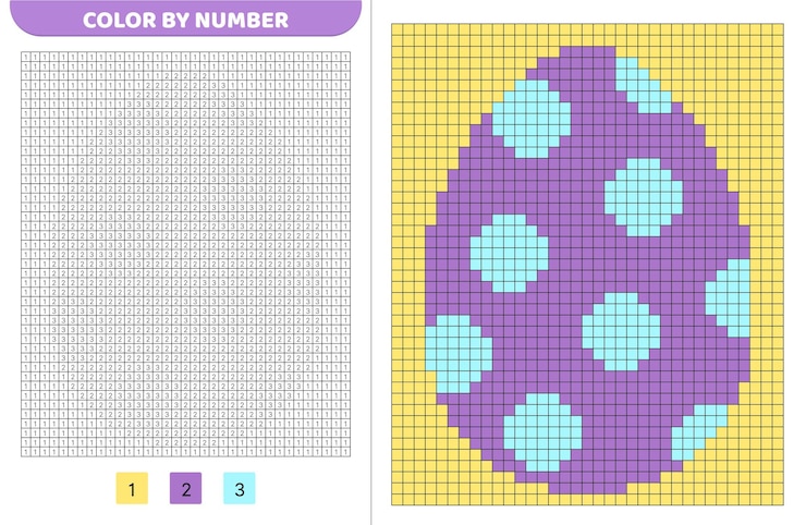Vector color por número huevo de pascua púrpura libro de colorear de píxeles cuadrados numerados juego para niños