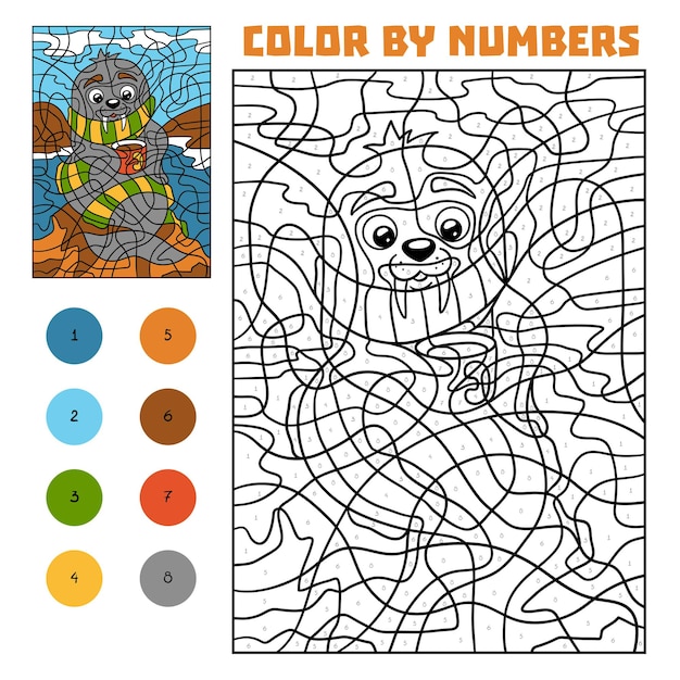 Color por número, juego educativo para niños, morsa en la playa