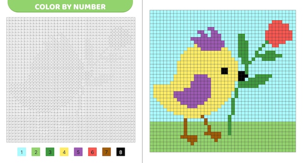 Color por número Pequeño pájaro con flor Libro para colorear píxeles Cuadrados numerados Juego para niños Arte de píxeles Ilustración vectorial aislada eps 10