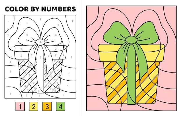 Color por número Regalo de rayas amarillas Página para colorear Juego para niños Vector de dibujos animados