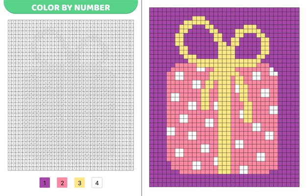 Color por número Rosado lindo regalo con lindo arco Libro de colorear de píxeles Cuadrados numerados Juego para niños Arte de píxels Ilustración vectorial aislada eps 10