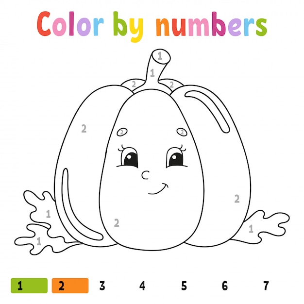 Color por números de calabaza. Libro para colorear para niños. Carácter vegetal.