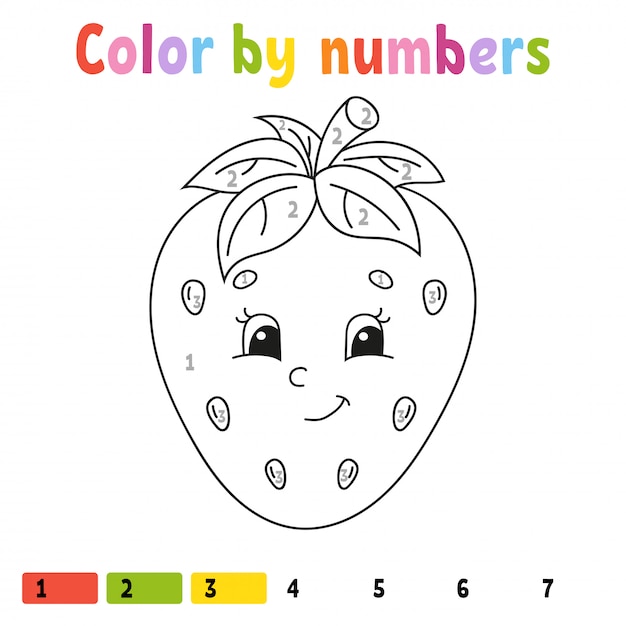 Color por números fresa. Libro para colorear para niños. Carácter de comida.