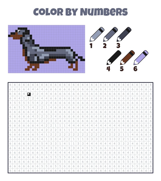 Color por números Juego educativo para niños Perro dachshund mascotas animal Libro para colorear