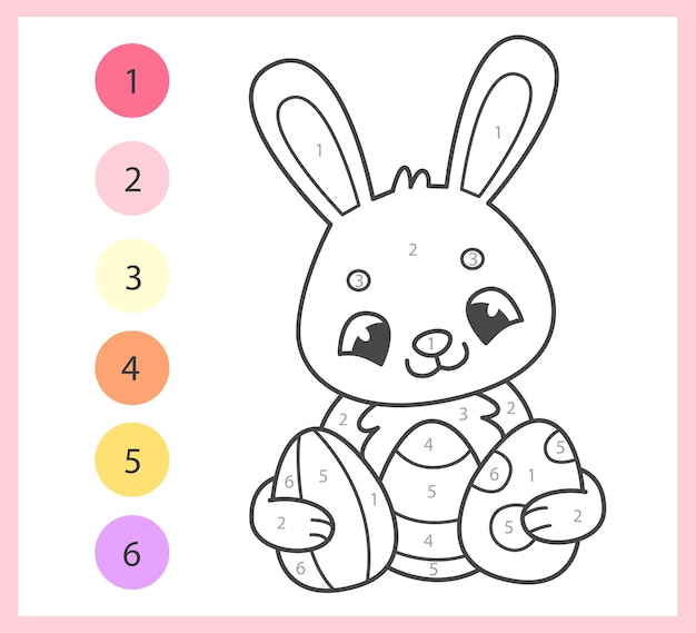 Color por números libro de colorear para niños con conejo rosado lindo con huevos de Pascua