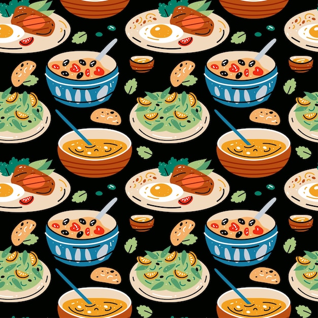 Color de patrones sin fisuras de comida y bebida ilustración vectorial