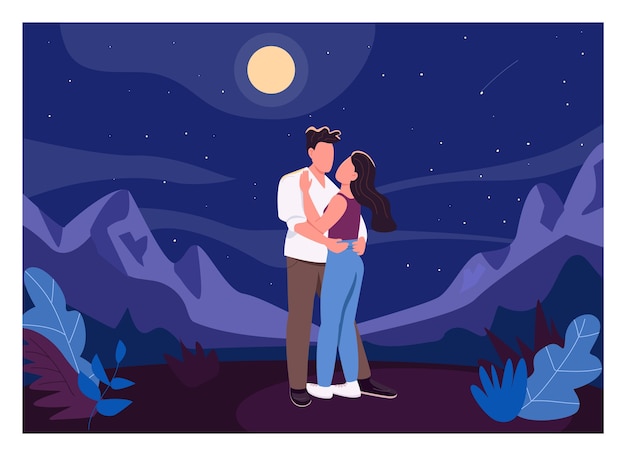 Color plano de cita romántica de medianoche. Hombre y mujer al aire libre. Novio abrazo novia afuera. Pareja joven personajes de dibujos animados 2D con paisaje nocturno en el fondo