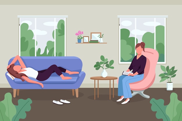Color plano de cuidado de la salud mental. Psicoterapeuta profesional trabaja con clienta. Soporte emocional. Personajes sin rostro de dibujos animados 2D con sala de consulta en el fondo