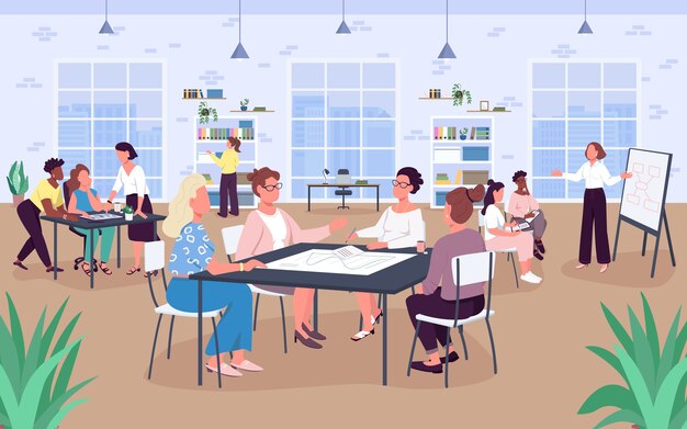 Color plano de espacio de oficina abierto. Lugar de trabajo. Señoras de negocios. Las mujeres trabajan en un ambiente confortable. Personajes de dibujos animados en 2D sin rostro con grandes ventanas y estanterías en el fondo