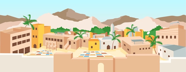 Vector color plano de la medina tunecina. ciudad vieja de túnez y monumentos. vacaciones de verano en áfrica. paisaje de dibujos animados 2d de arquitectura árabe tradicional con montañas en el fondo