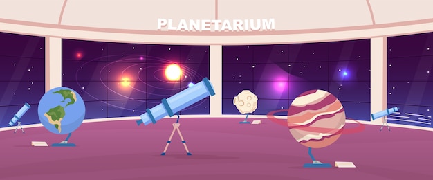 Color plano del planetario vacío. Exposición pública interactiva de astrología. Exposiciones de planetas. Interior de dibujos animados 2D del museo de astronomía con instalación panorámica del cielo nocturno en el fondo