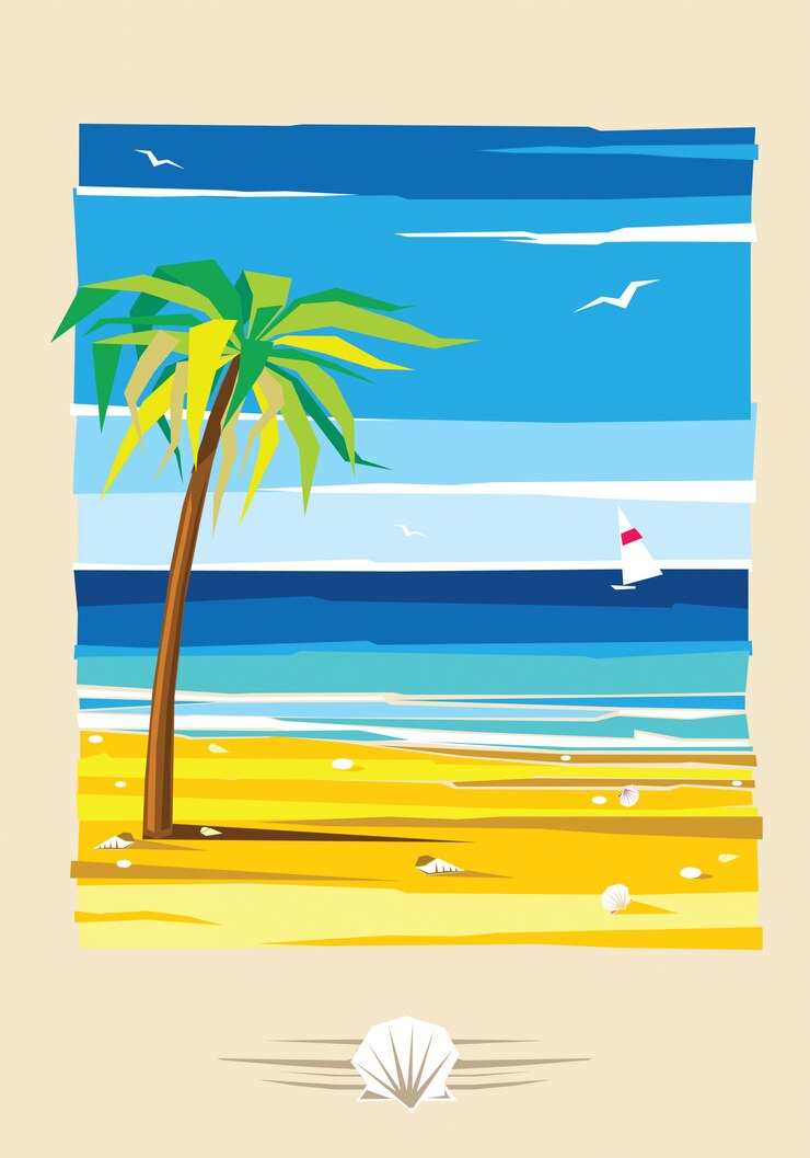 Color póster verano en la playa. La palmera crece en la arena, en la distancia el mar azul. Un velero está flotando en el océano.
