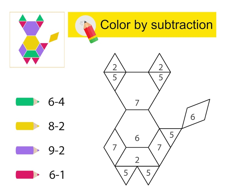Vector color por resta ilustración vectorial para la educación de los niños animales de dibujos animados