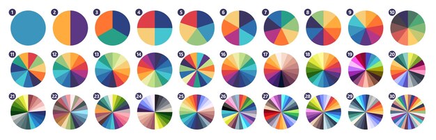 Color segmented circles Circular infographic graphs multicolored pie charts and color wheels Circle fractions from 1 to 30 segments for business presentation and data visualizations vector set