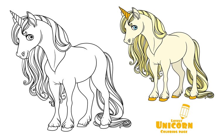 Vector color de unicornio de cuento de hadas e imagen delineada para colorear libro sobre fondo blanco
