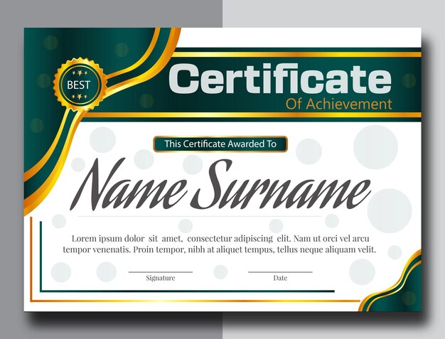color verde y dorado nuevo diseño de certificado profesional con diseño de fondo