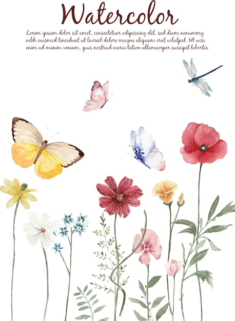 Coloración de flores silvestres y mariposas con acuarela ilustración vectorial dibujada a mano