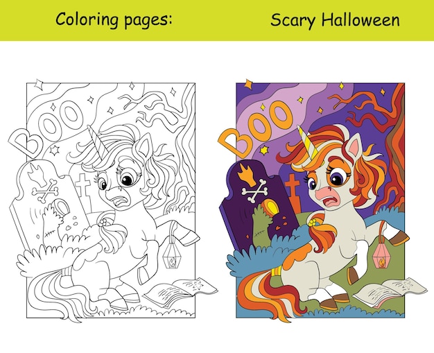 Coloración de Halloween con muestra de color unicornio y vector de tumba