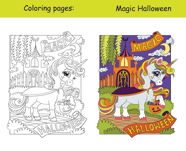 Coloración de Halloween con muestra de color vector de bruja unicornio