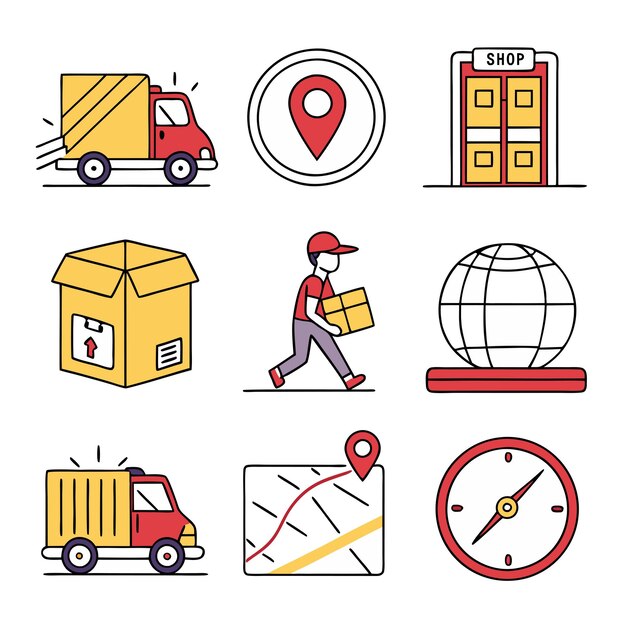 Coloración de ilustraciones vectoriales de símbolos de transporte de entrega a domicilio de 9 formas diferentes