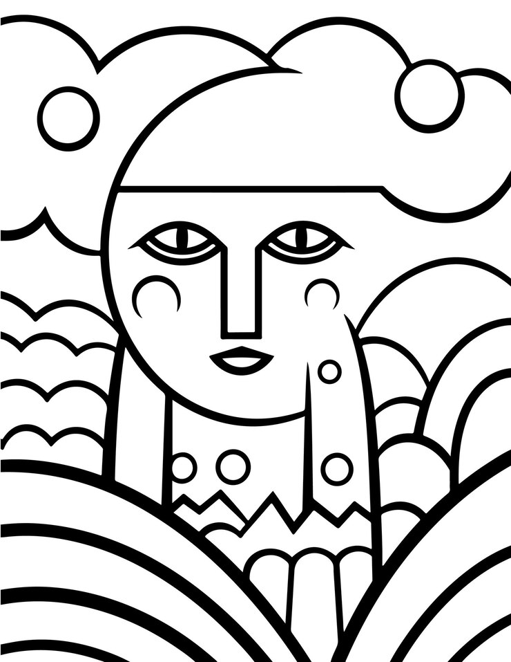 Vector coloración de mindfulness minimalista coloración relajante con paisaje de animales del cielo y otros