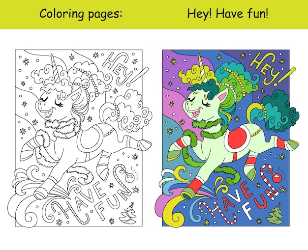 Coloración de niños y muestra de color vector de unicornio de invierno lindo