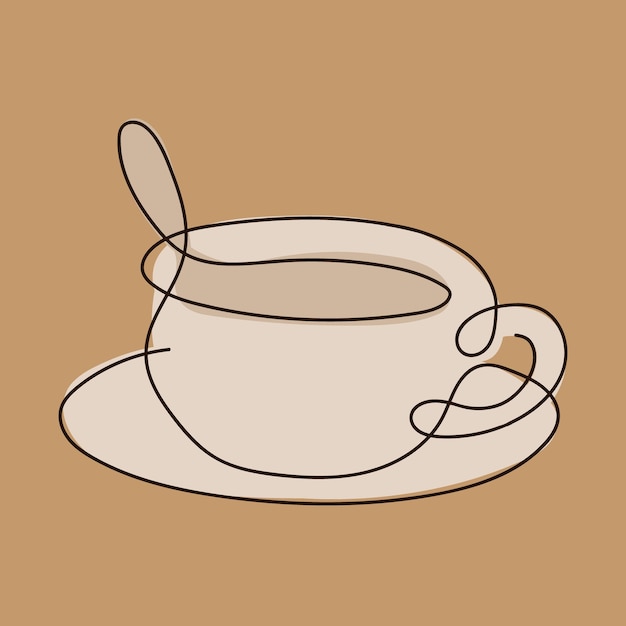 Colorea el dibujo de una línea de una taza de café en un platillo aislado en un fondo beige.