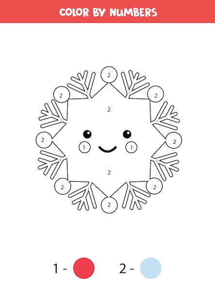 Colorea el lindo copo de nieve kawaii por números. Juego de matemáticas para niños.