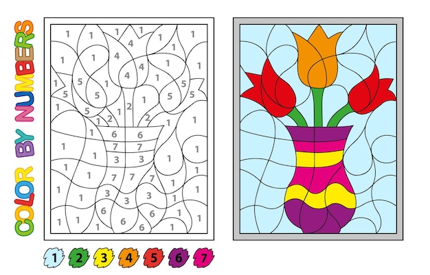 Colorea por números. juego de rompecabezas para la educación de los niños. números y colores para dibujar y aprender matemáticas. flores vectoriales