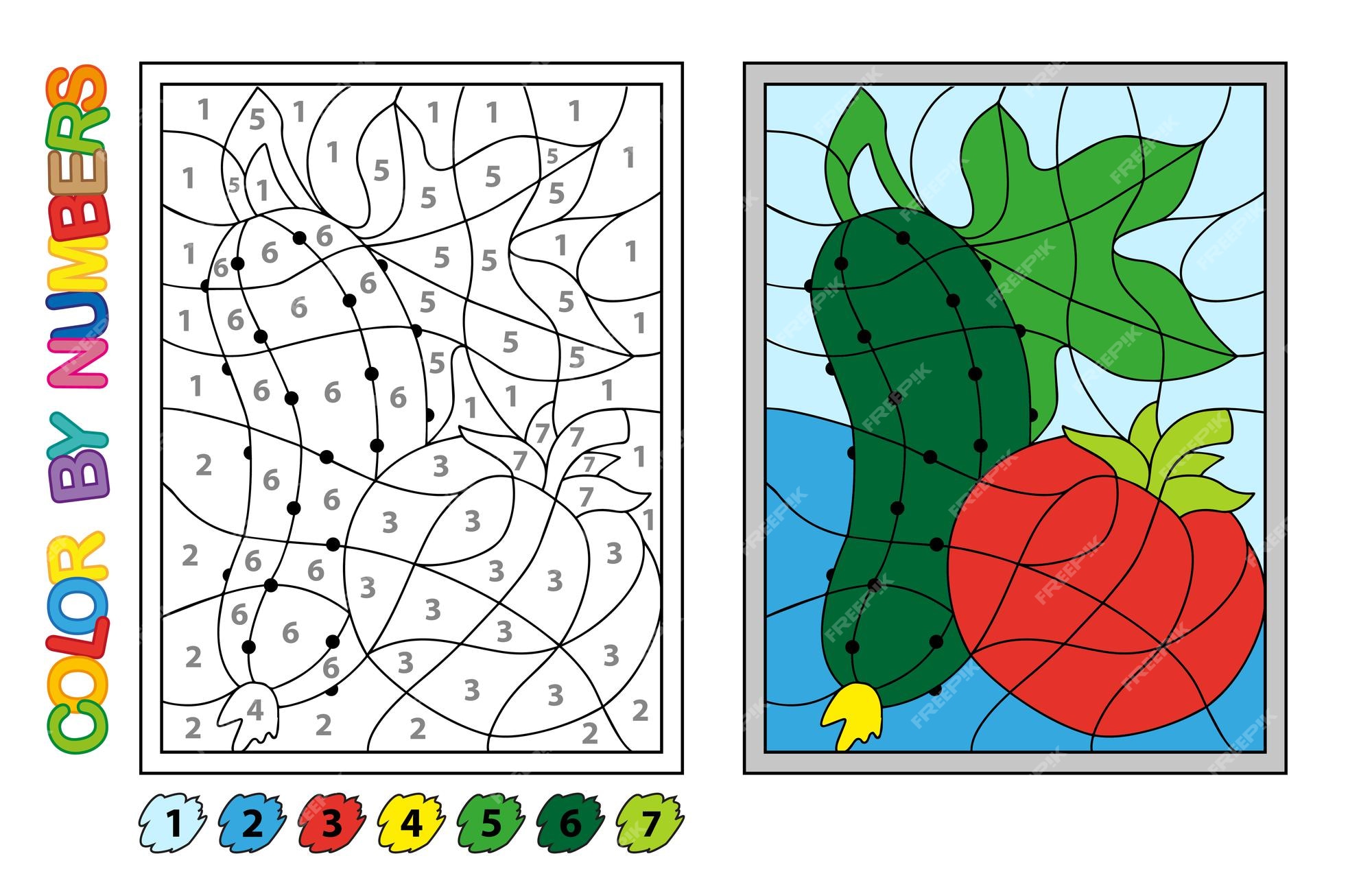 Colorea por números. juego de rompecabezas para la educación de los niños. números y colores para dibujar y aprender matemáticas. verduras vector | Premium