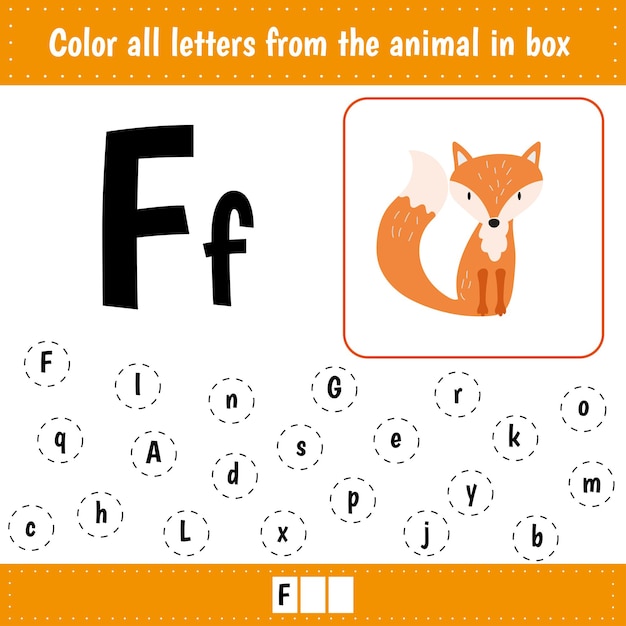 Colorea todas las letras de la imagen hojas de trabajo para la educación de los niños alfabeto de aprendizaje de fox preescolar