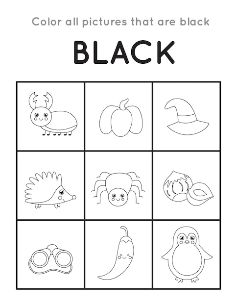 Colorea todos los objetos negros. Aprendiendo colores básicos para niños.