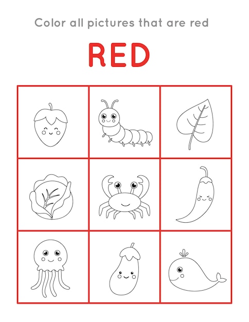 Colorea todos los objetos que están en color rojo. Juego educativo para colorear para niños.