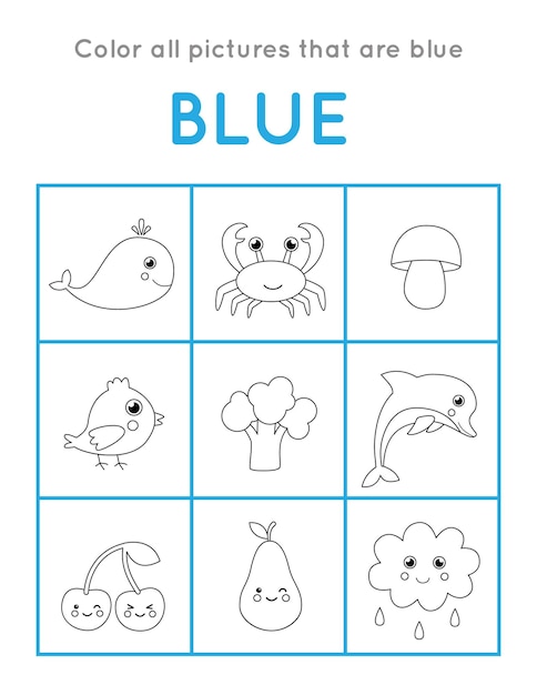 Colorea todos los objetos que son de color azul. Juego educativo para colorear para niños.