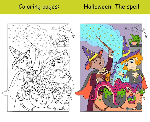 Colorear y colorear a los niños de Halloween cocinar un vector de poción