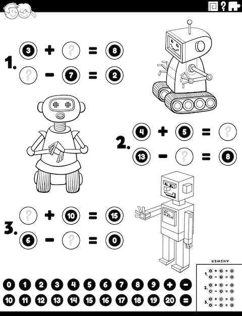 Colorear ficha de sumas y restas con robots